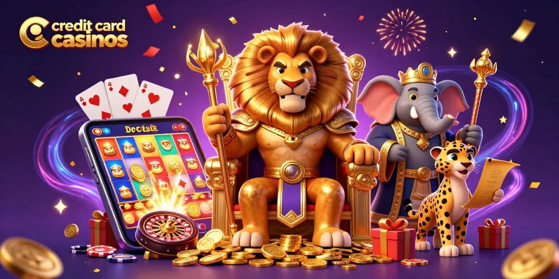 Experience exciting credit card casinos with dynamic scenes of 3D characters, games, and vibrant casino elements.