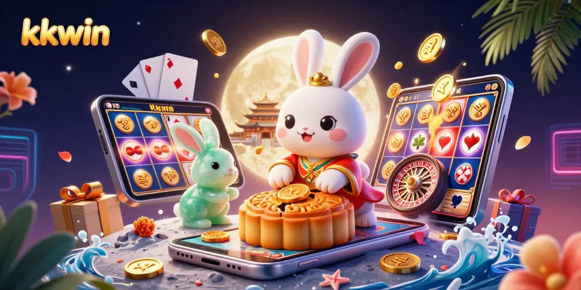 Engage with kkwin at a lunar scene where a rabbit and companion discover poker chips in mooncakes.