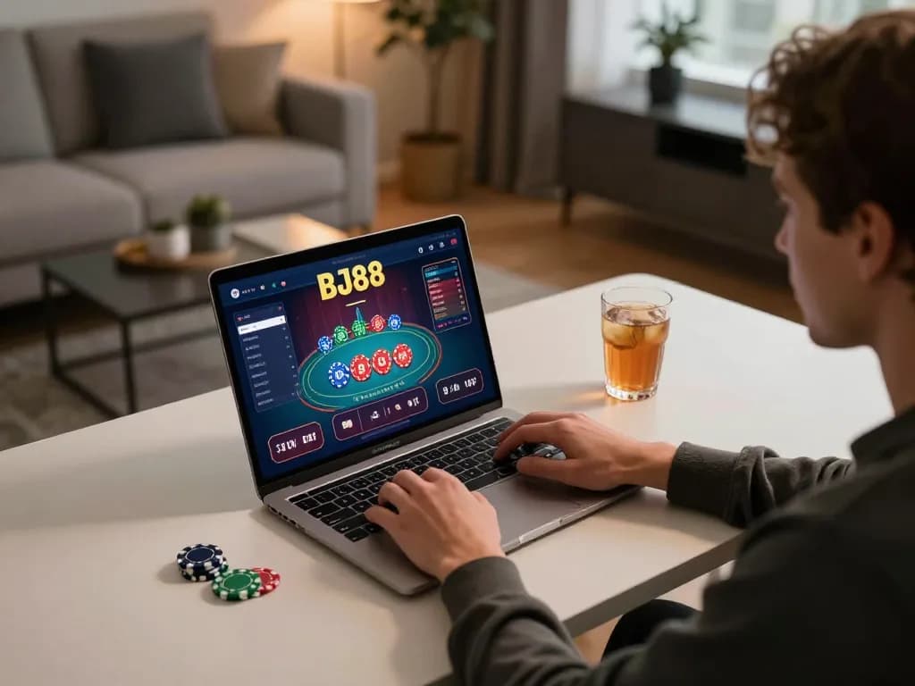 BJ88 player enjoying an online casino game on their laptop in a comfortable home setting