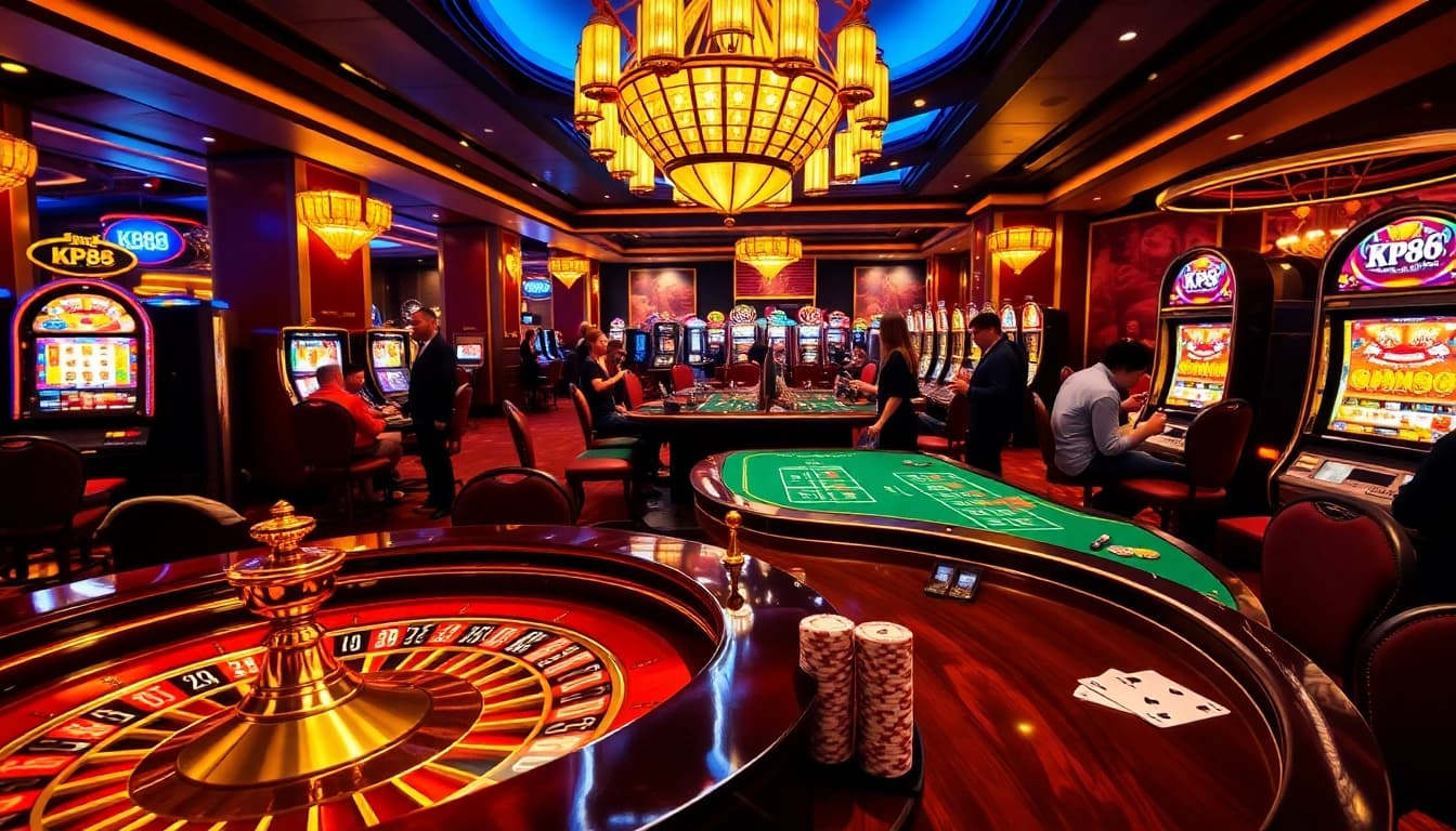 Exciting KP88 casino scene with roulette, slot machines, and engaged players.