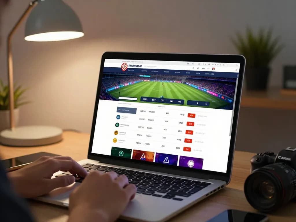 Person engaging with nhandinhkeonhacai for strategic sports betting insights in a cozy home office.