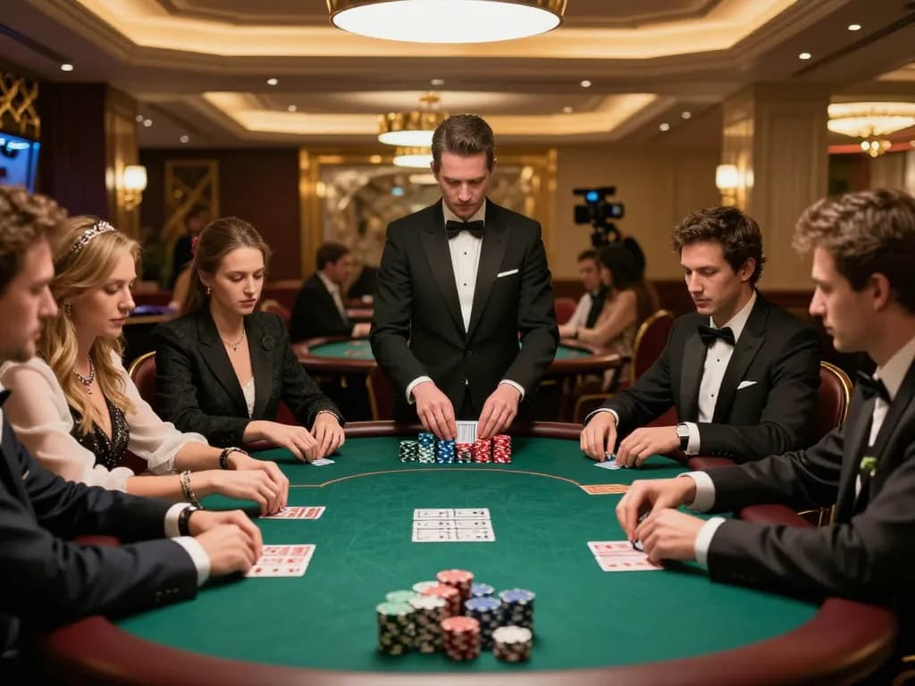 Players engaged in a thrilling poker game at TR88 casino's VIP table, showcasing intense strategic gameplay.
