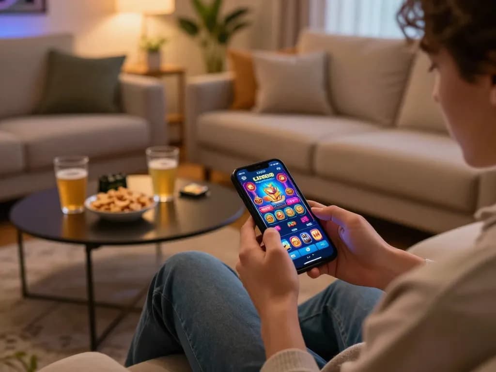 Player engaging with the LV88 casino app on smartphone for a thrilling online gambling experience.