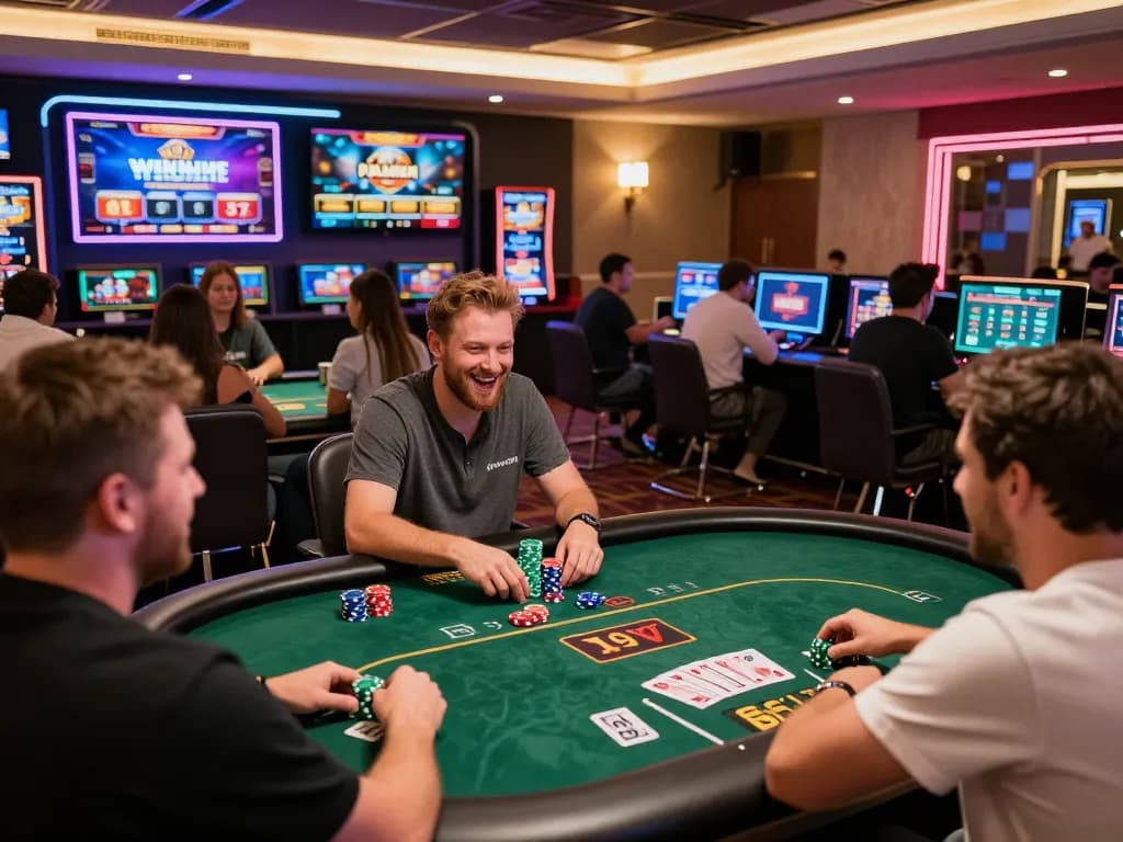 Sunwin online gaming excitement with players celebrating wins at a modern casino setup