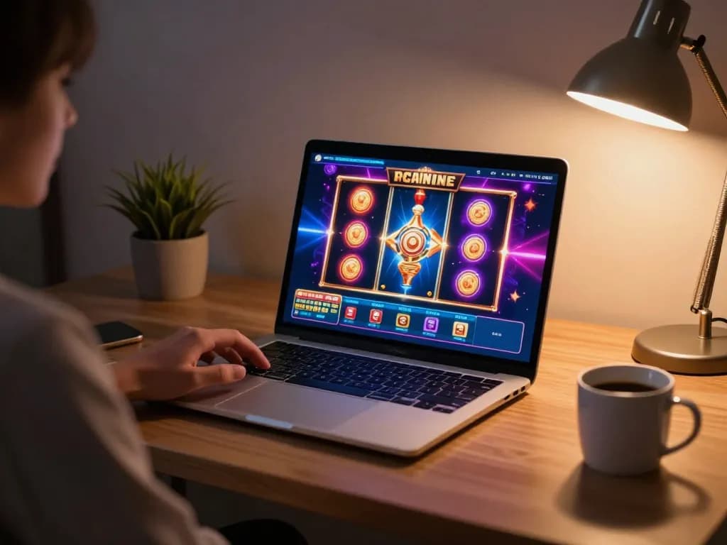 Playing slots online at https://mm88.se.net/ with vibrant graphics on a laptop in a cozy home setting.