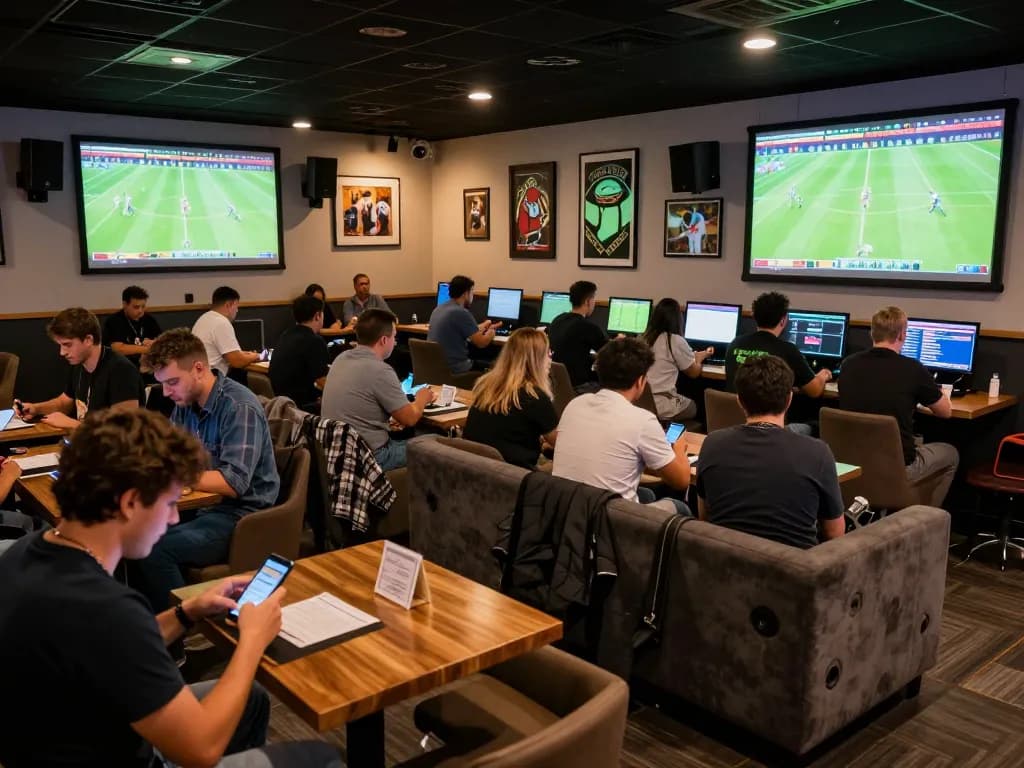 Excited bettors engaging with keobongda platform for live sports betting during a match
