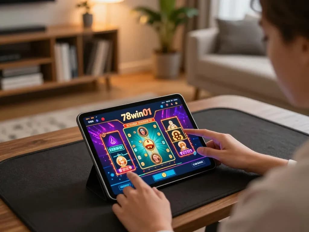 Person engaging with the 78win01 tablet in a cozy home setting for online gameplay.