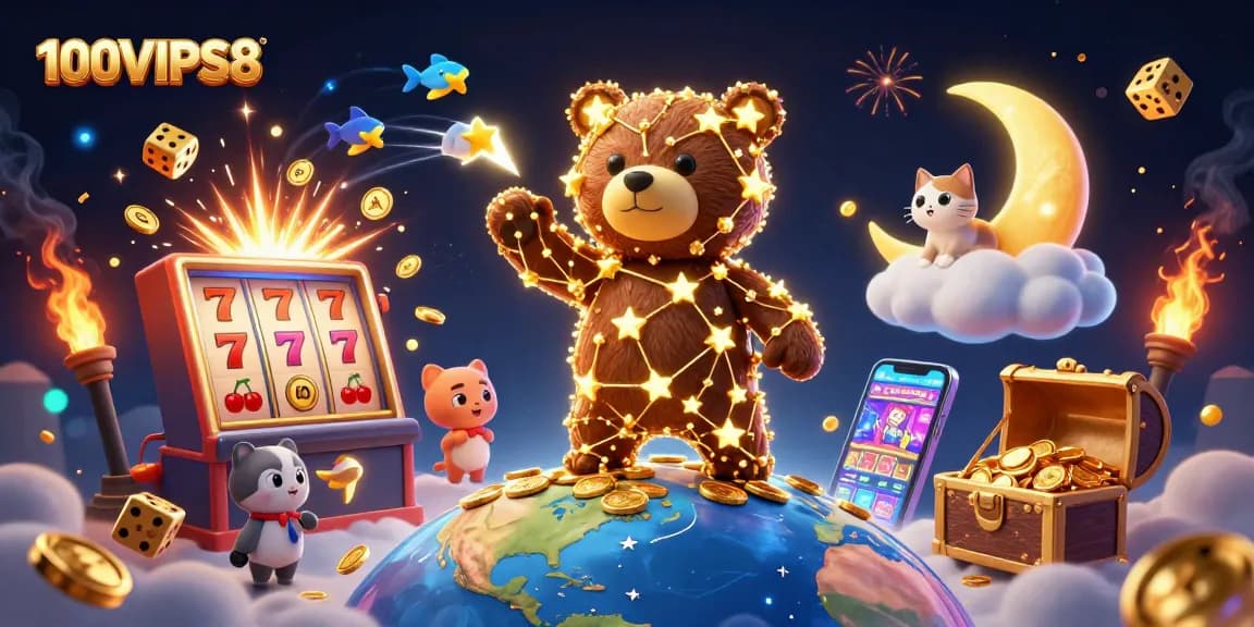 100VIPS8 showcases a vibrant illustration of a constellation bear collecting jackpot coins.