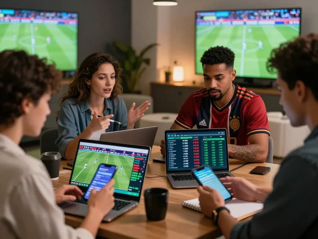 Individuals analyzing statistics and placing keo nha cai bets in a lively sports betting lounge.
