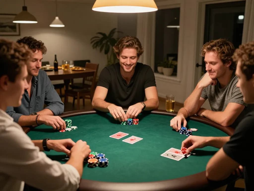 Players enjoying strategy-focused poker night at home while using fb88.com for online gaming resources.