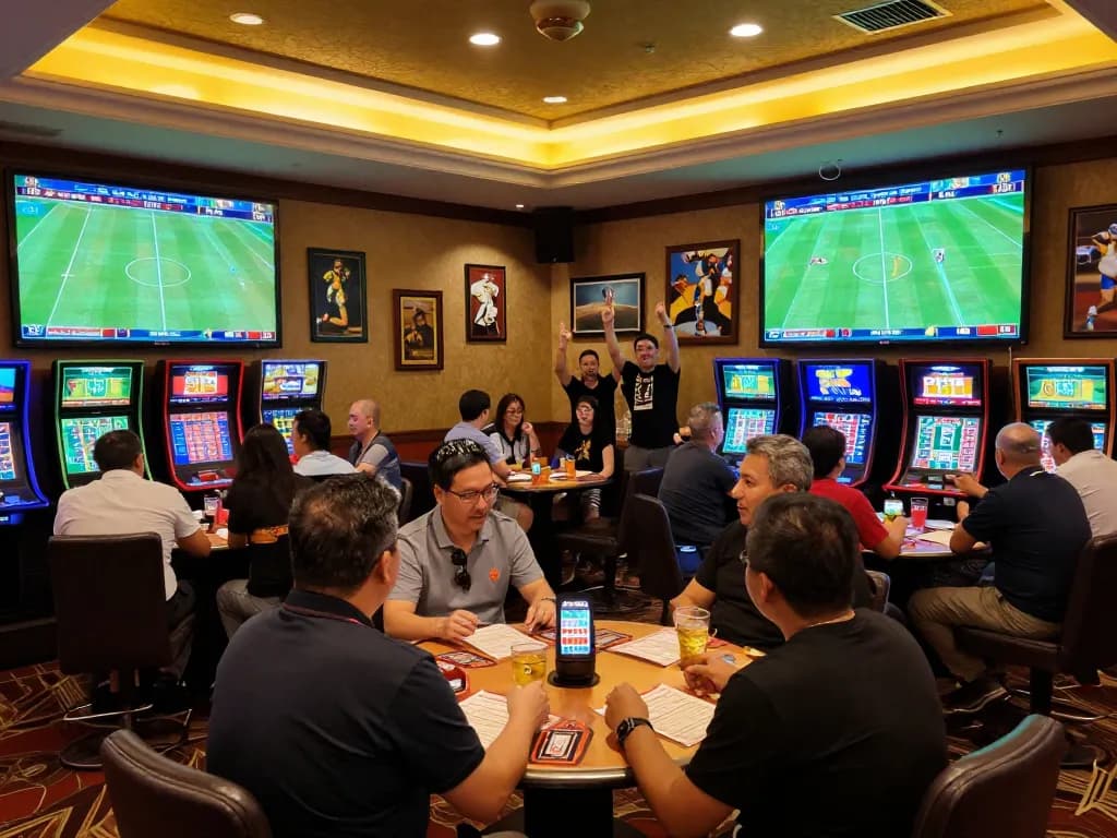 Kèo Nhà Cái Hôm Nay features a lively sports betting scene with enthusiastic bettors watching live football matches.