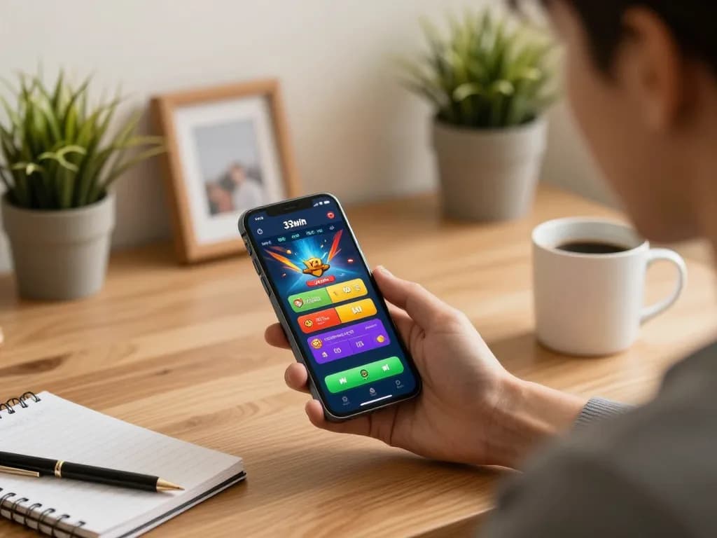 Experience 33win's mobile gaming interface while enjoying a cozy home atmosphere