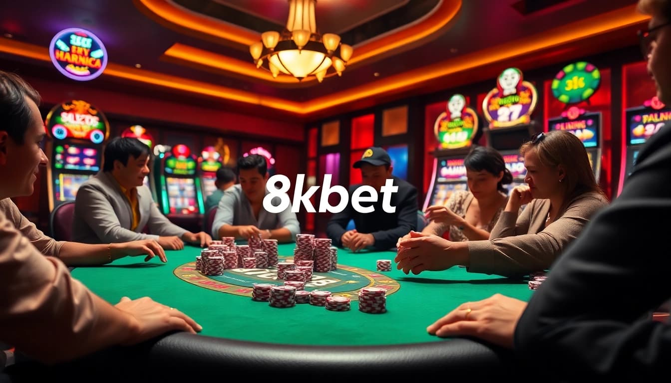 Experience thrilling poker gameplay at 8kbet with luxurious decor and high-stakes excitement.