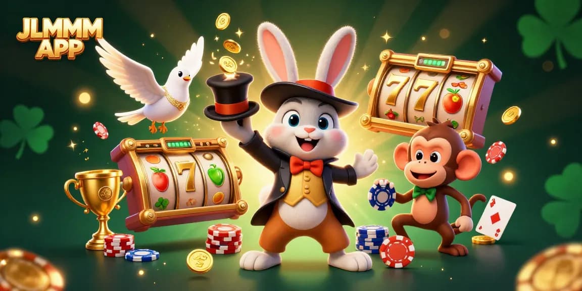 Experience thrilling wins with the JLMMM APP in this vibrant casino-themed illustration.