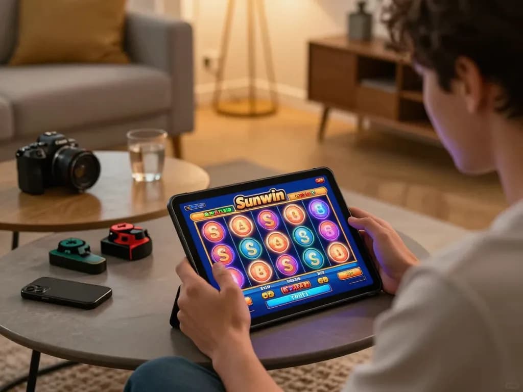 Engaged user playing Sunwin slots on a tablet in a cozy modern living room setting.