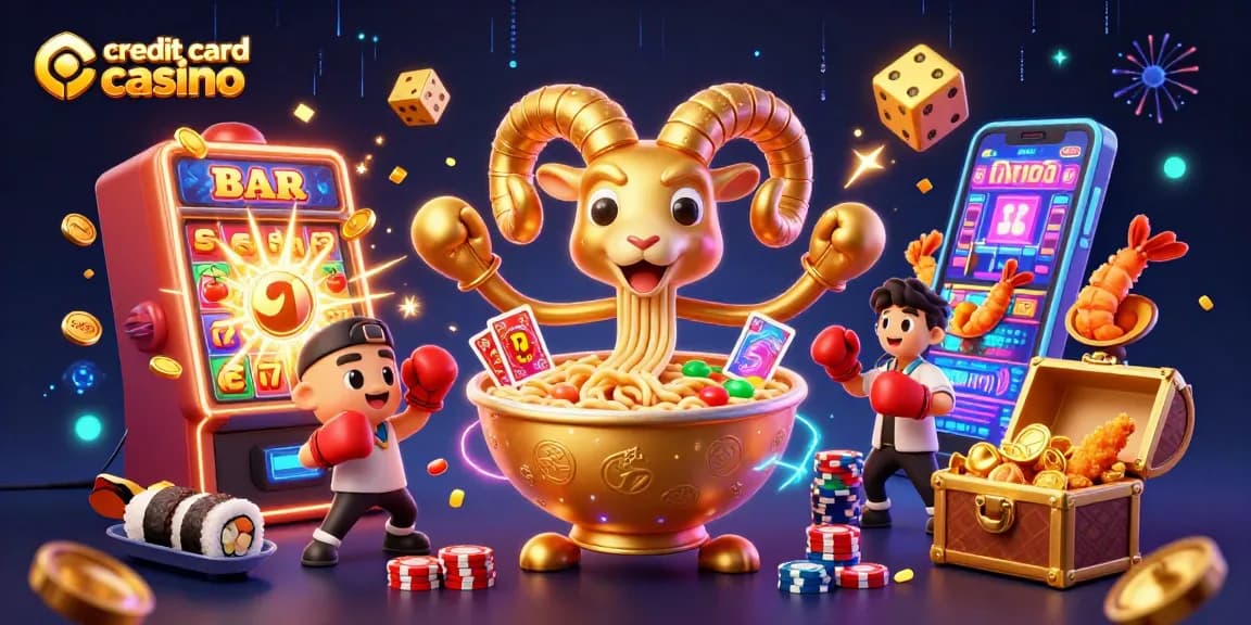 Exciting scene of a credit card casino with playful characters and game elements.