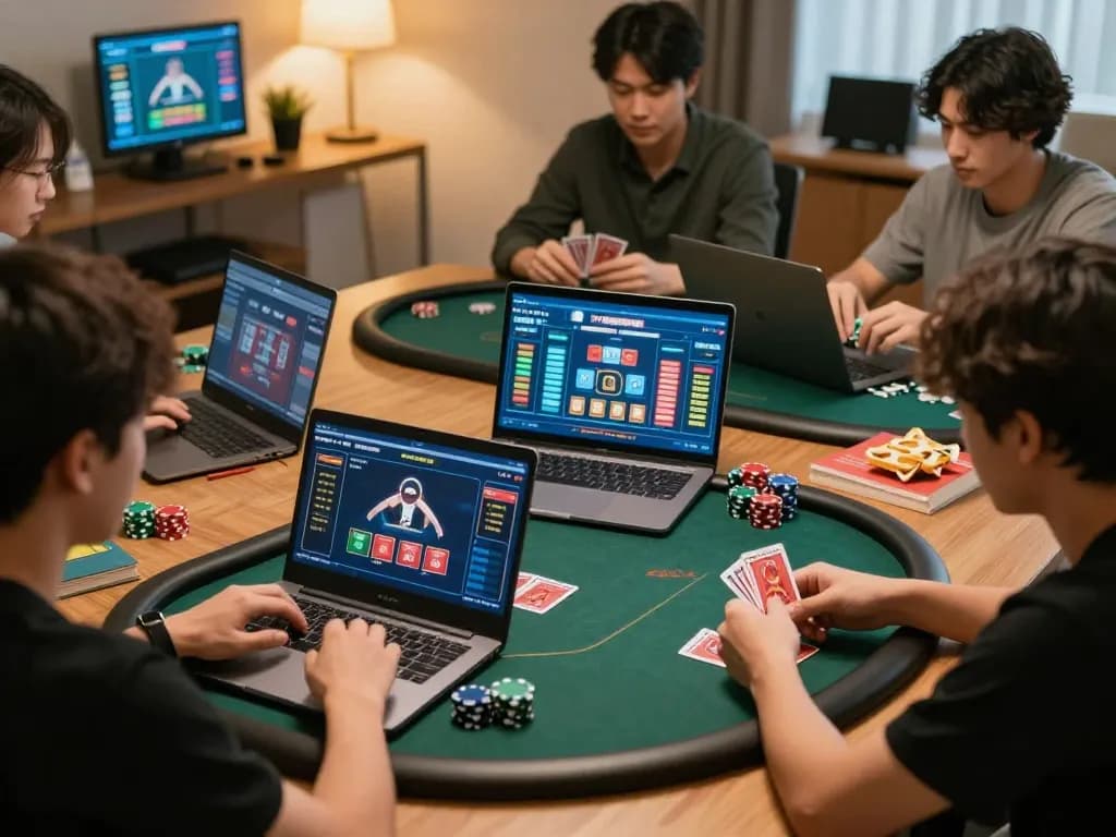 Engaging online poker gameplay at trang chủ 79king with players strategizing bets and managing their hands in a vibrant home setting.