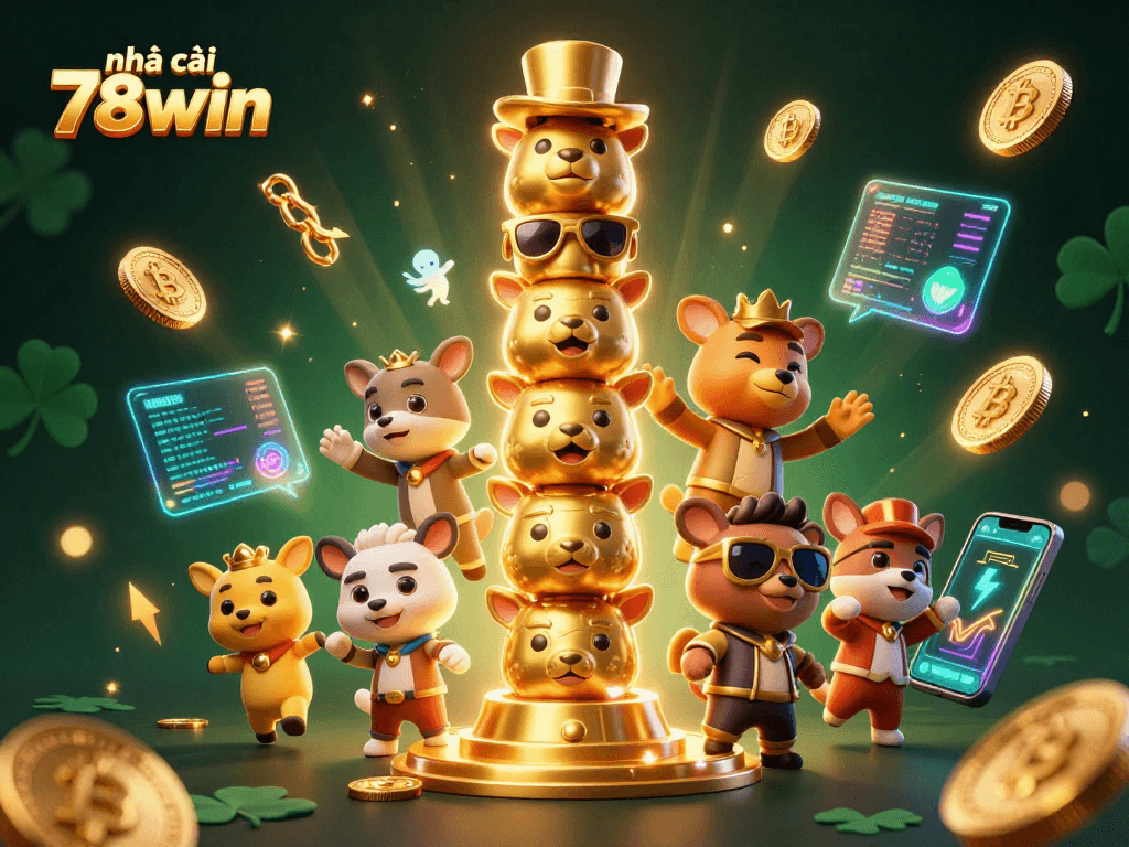 Experience the dynamic world of nhà cái 78win, featuring animated totem pole and crypto elements in vibrant colors.