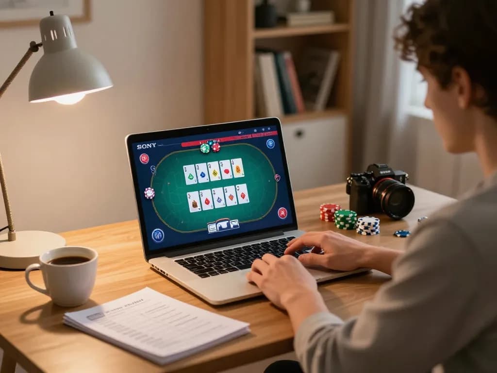 MM88 player engaging with poker strategy at a home gaming setup, showcasing chips and notes for winning strategies.