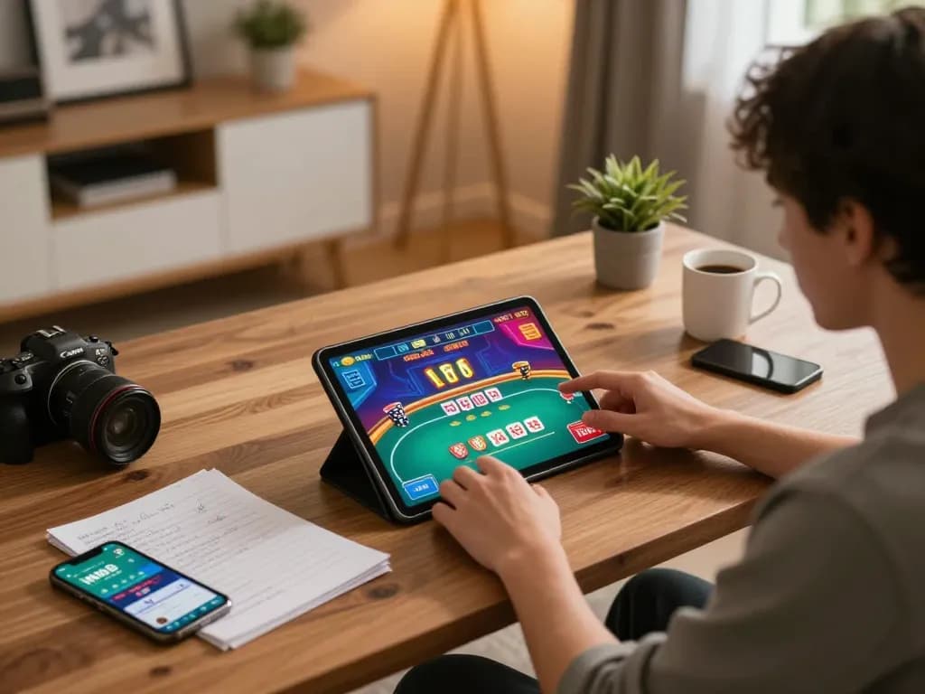Engaged player using MM88 app on tablet for strategic poker game at home