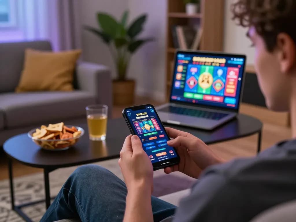 Playing slot games on the B52club app while relaxing at home, showcasing online gaming excitement.