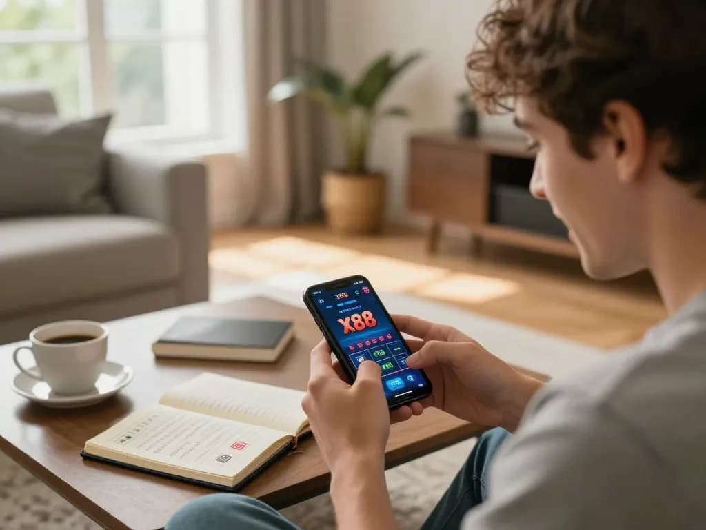 Player engaging with x88 casino app on smartphone in cozy living room, showcasing online gambling excitement