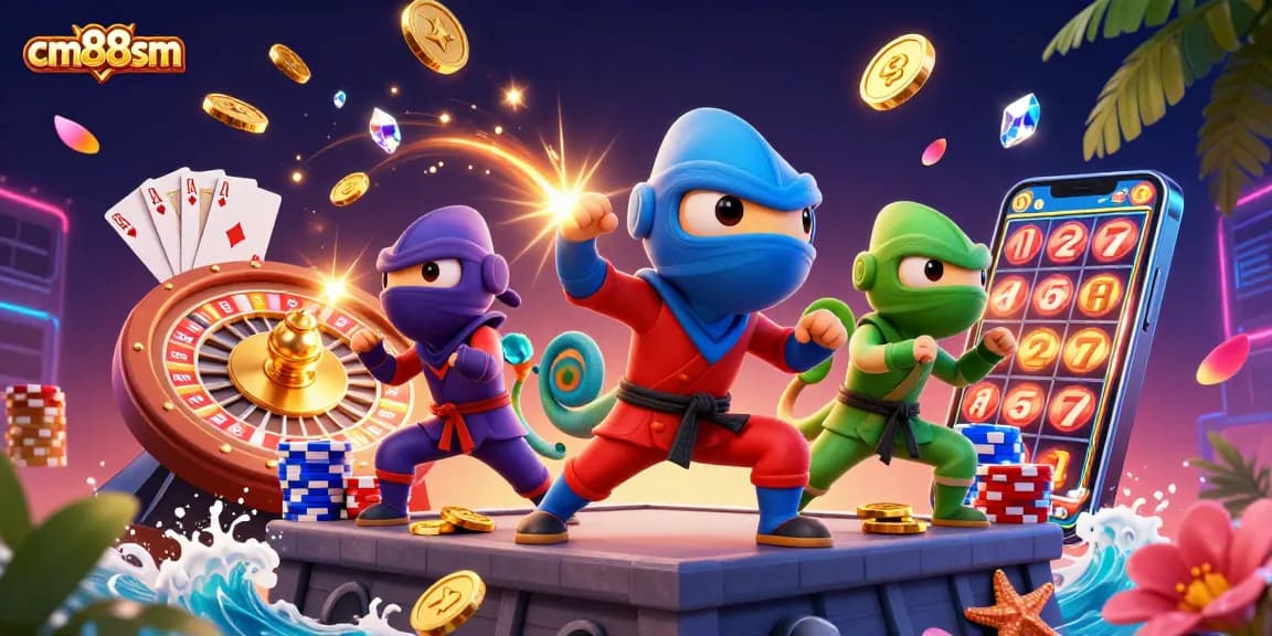 Engage with cm88sm's thrilling online casino experience, featuring vibrant ninja chameleons and casino elements.