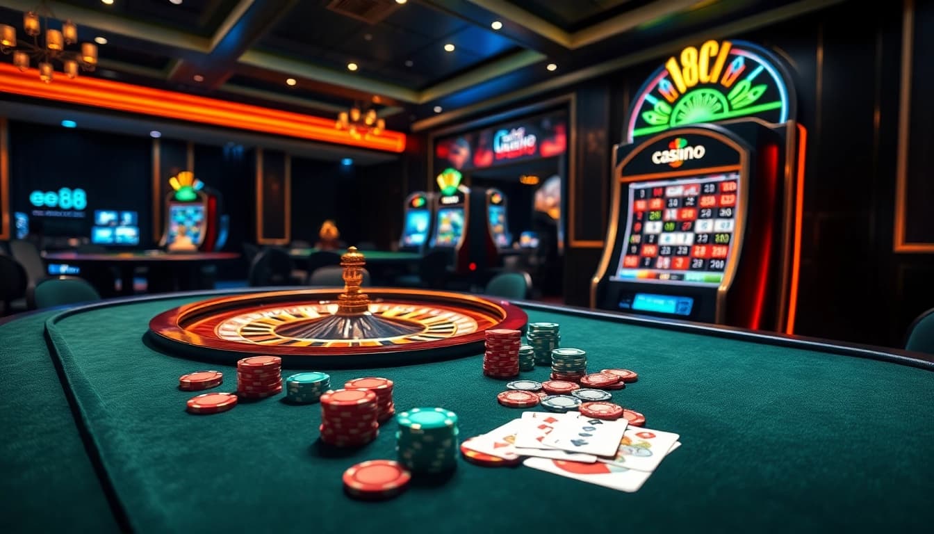 Experience the excitement of ee 88 at a vibrant online casino with poker tables and roulette.