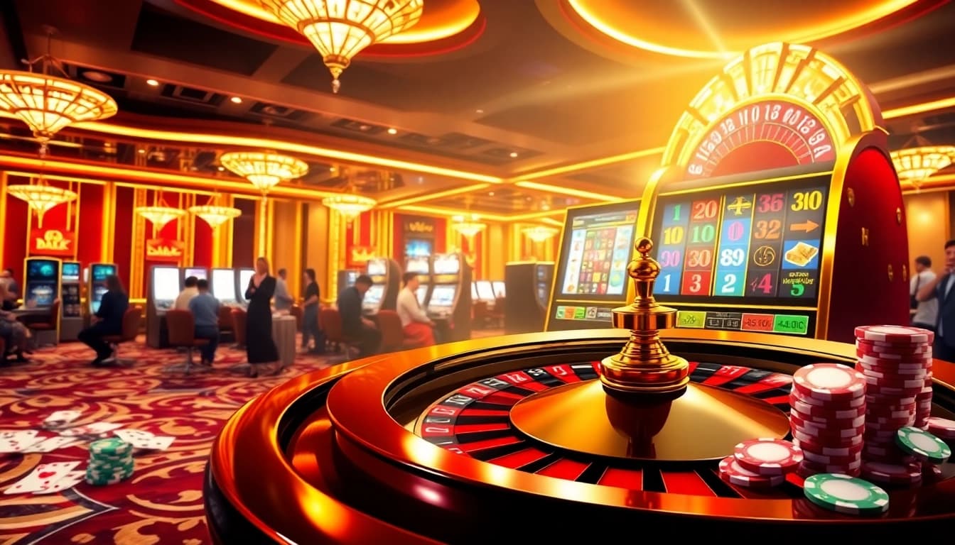 Exciting gaming scene at LuckyWin casino with roulette and slot machines showcasing vibrant gameplay.