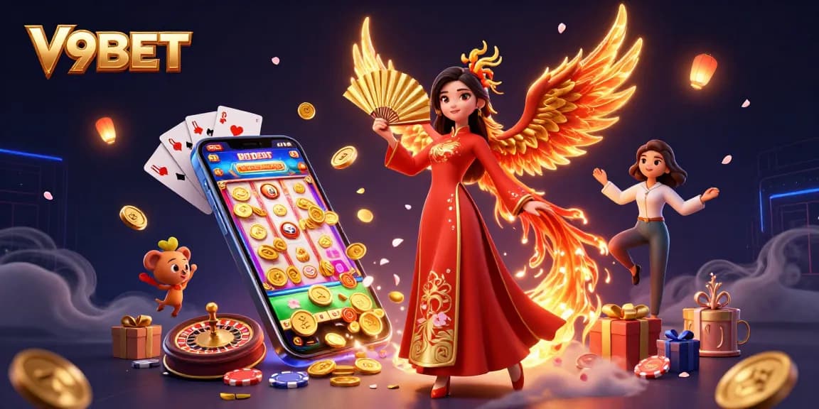 Engage with V9BET's thrilling experience featuring a Vietnamese beauty, phoenix, and dynamic game icons.