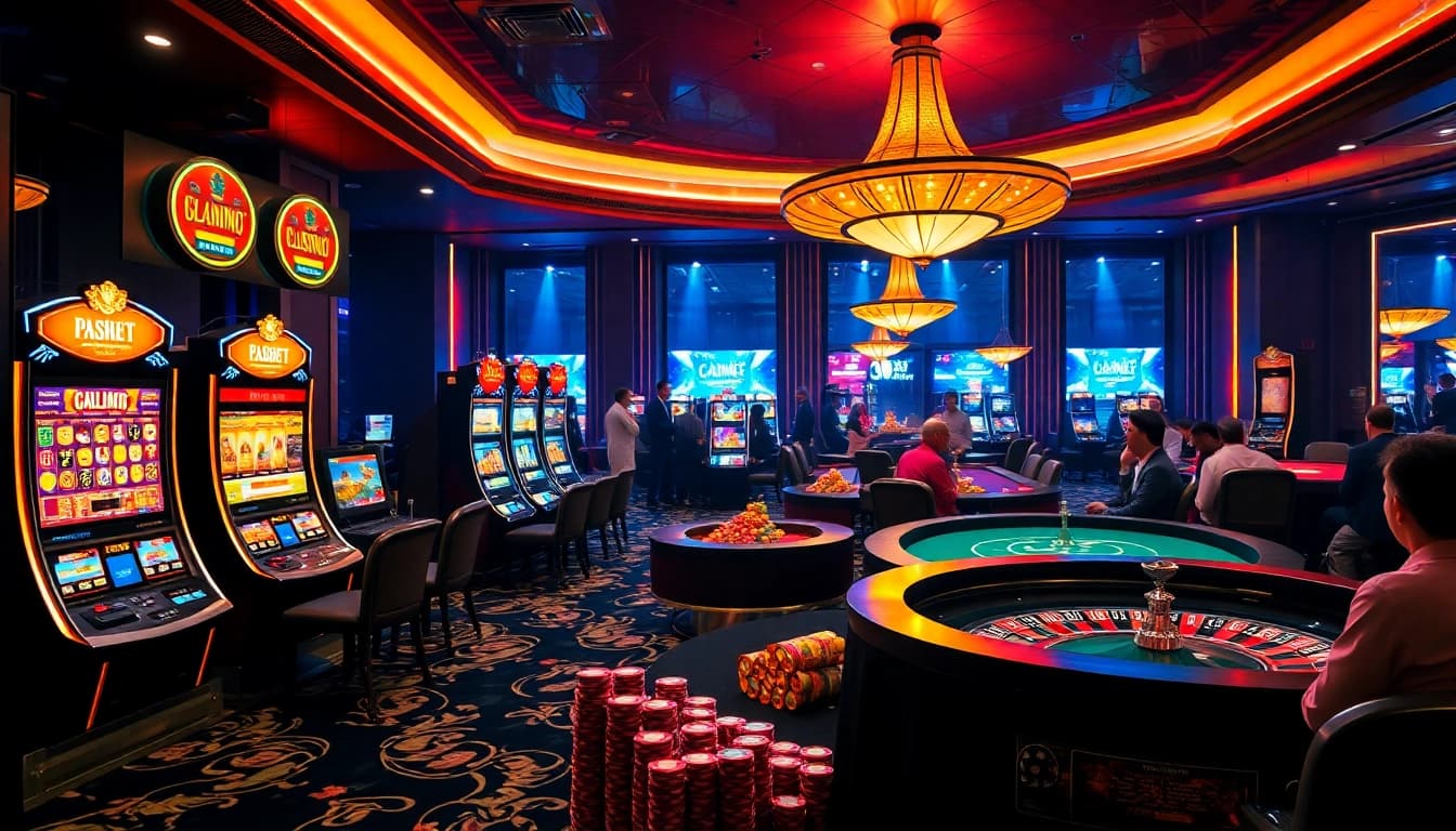 Exciting vibrant gaming scene with debet so casino elements featuring slot machines and poker tables.