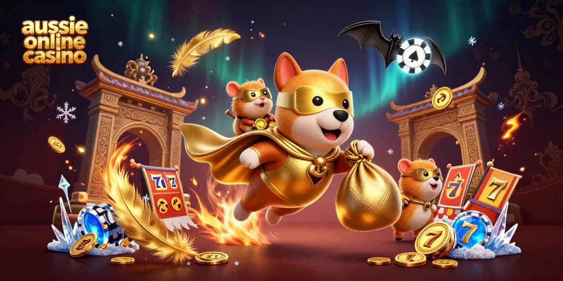 Aussie online casino gaming experience featuring a superhero dog with a bag of gold coins and dynamic casino elements.