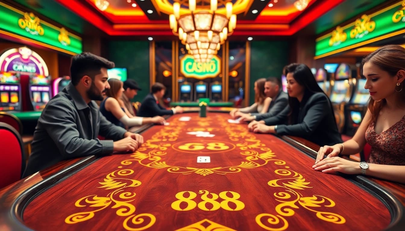 Players enjoying a sophisticated GG 88 gaming experience at a luxurious casino table surrounded by vibrant slot machines.