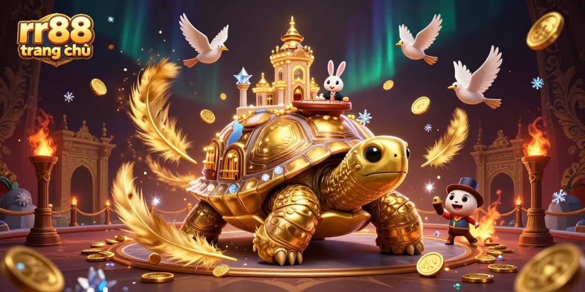 Engage with rr88 trang chủ in a vibrant 3D casino scene featuring a golden tortoise and a rabbit dealer.