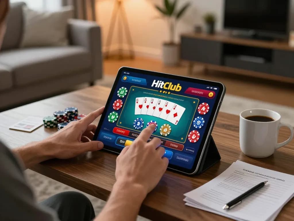 Hitclub player enjoying an online casino game on a tablet in a cozy living room setting