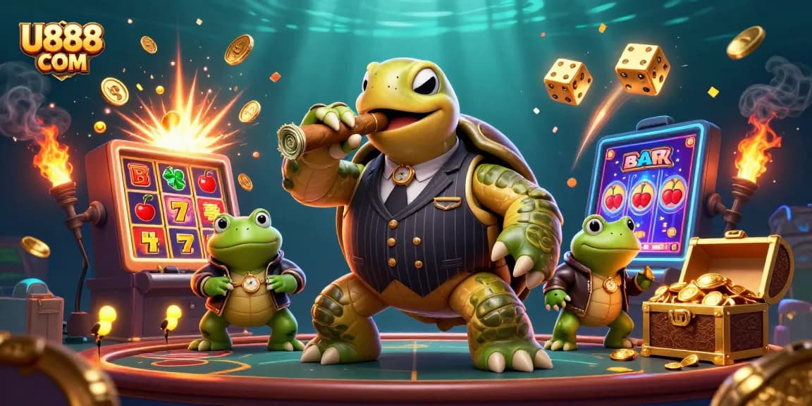 Engage with U888 COM's vibrant casino world featuring a turtle mobster and dynamic slot action.