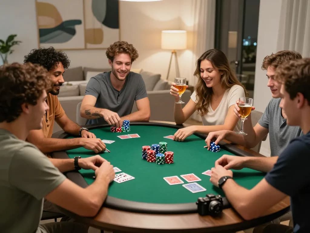 Friends enjoying intense poker gameplay at home, showcasing DW8 card strategies and lively atmosphere.