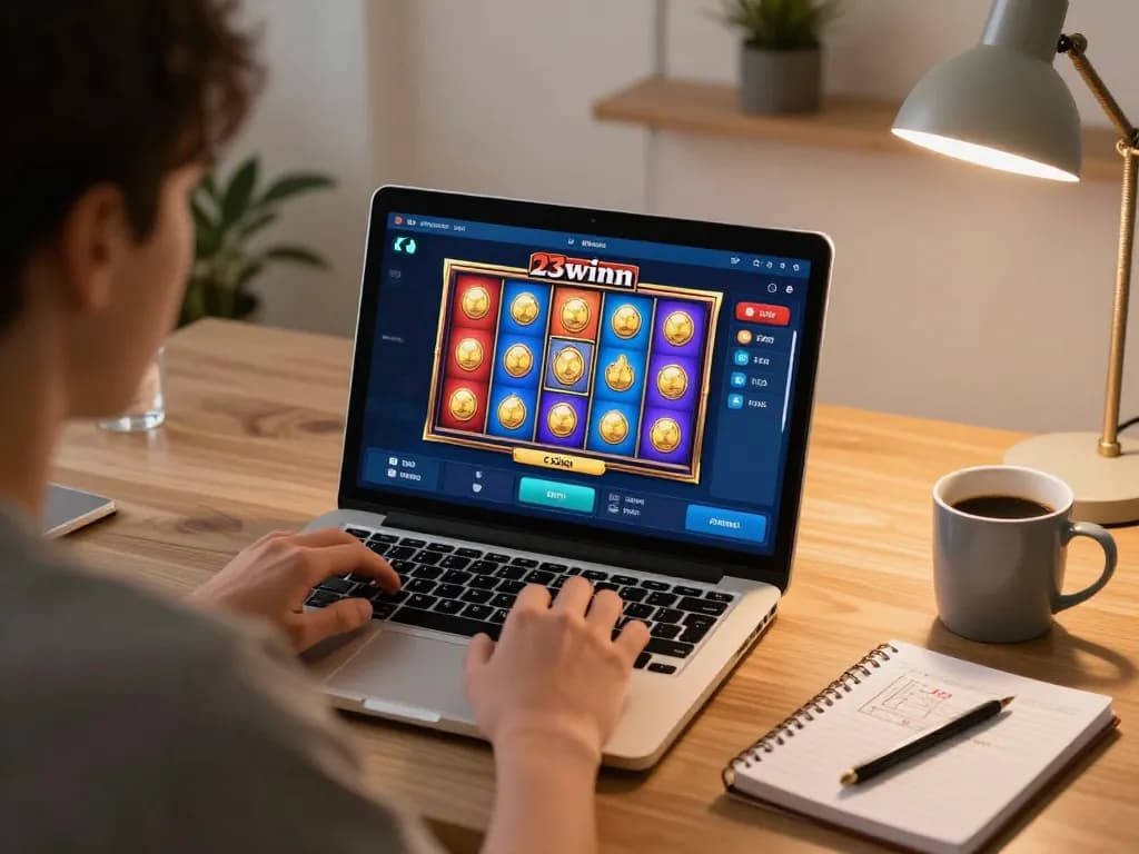 Player enjoying 23winn gaming on a laptop, showcasing engaging slot action in a cozy home setting