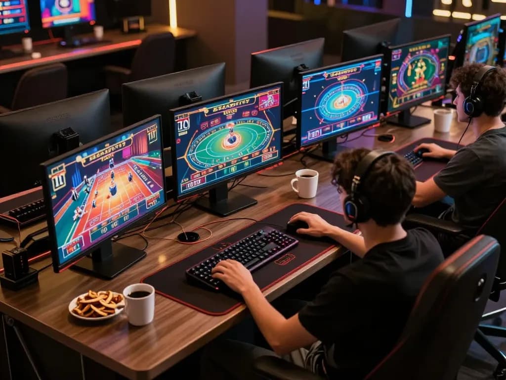 Players engaging in online casino games at hitclub, showcasing a high-tech gaming setup.