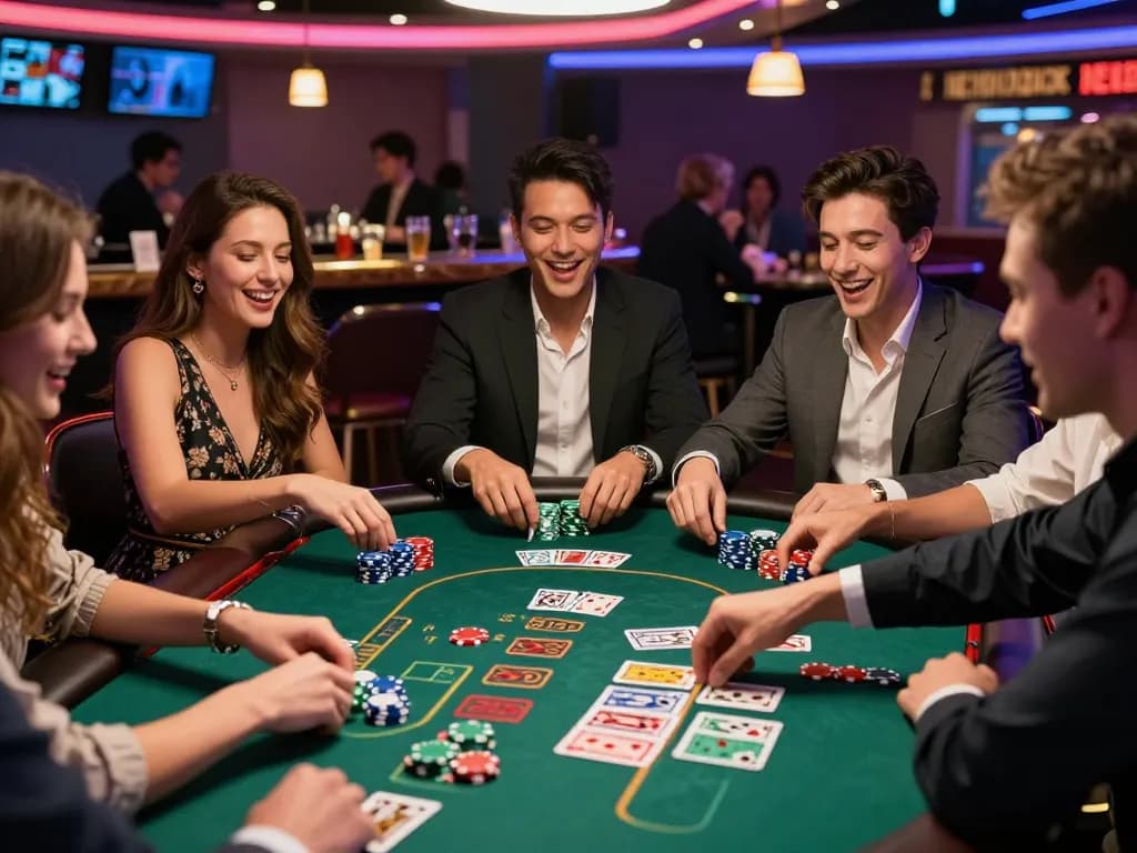 Friends enjoying their time at a rikbet poker table in a lively casino atmosphere.