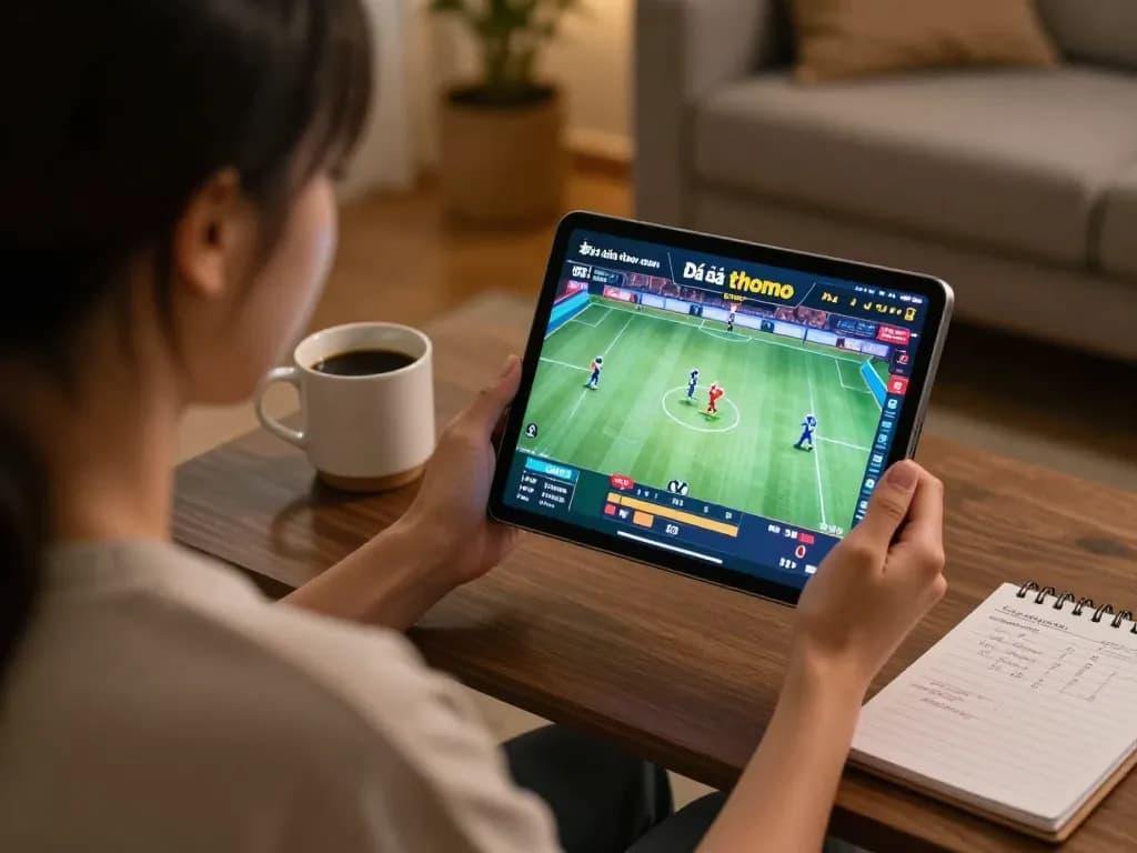 Watching Đá gà thomo live stream on a tablet in a cozy home setting, highlighting immersion in gambling.
