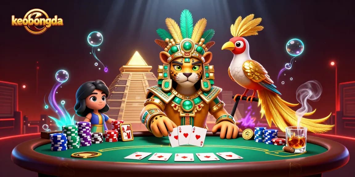 Engage with keobongda in a vibrant poker scene featuring a Mayan jaguar priest and quetzal bird.