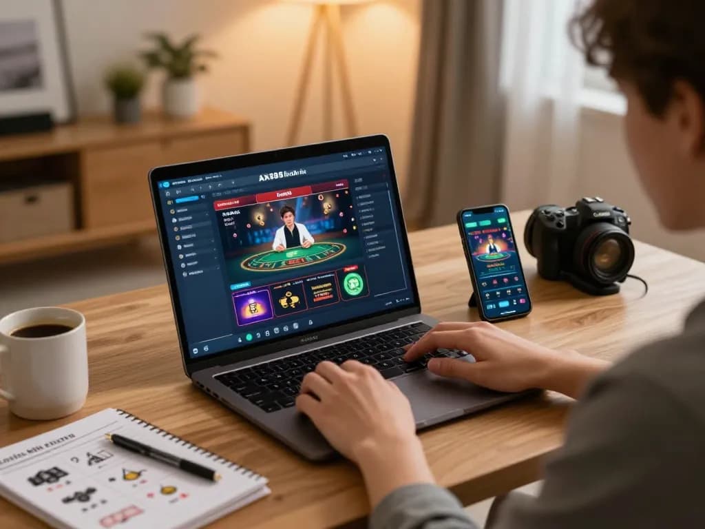 Player exploring AX88 link vào on laptop with casino game while sipping coffee