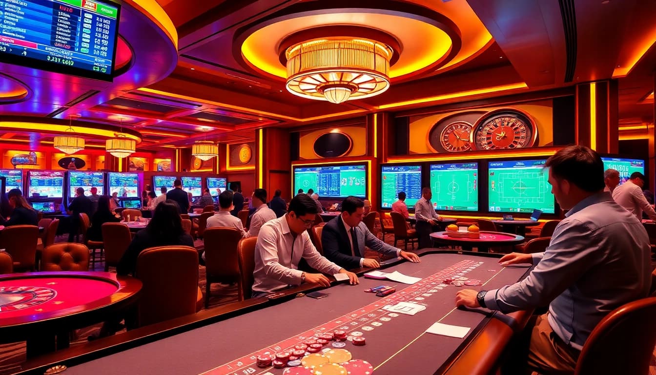 Gamblers analyzing tỷ lệ kèo nhà cái in a luxurious casino setting with vibrant betting tables.