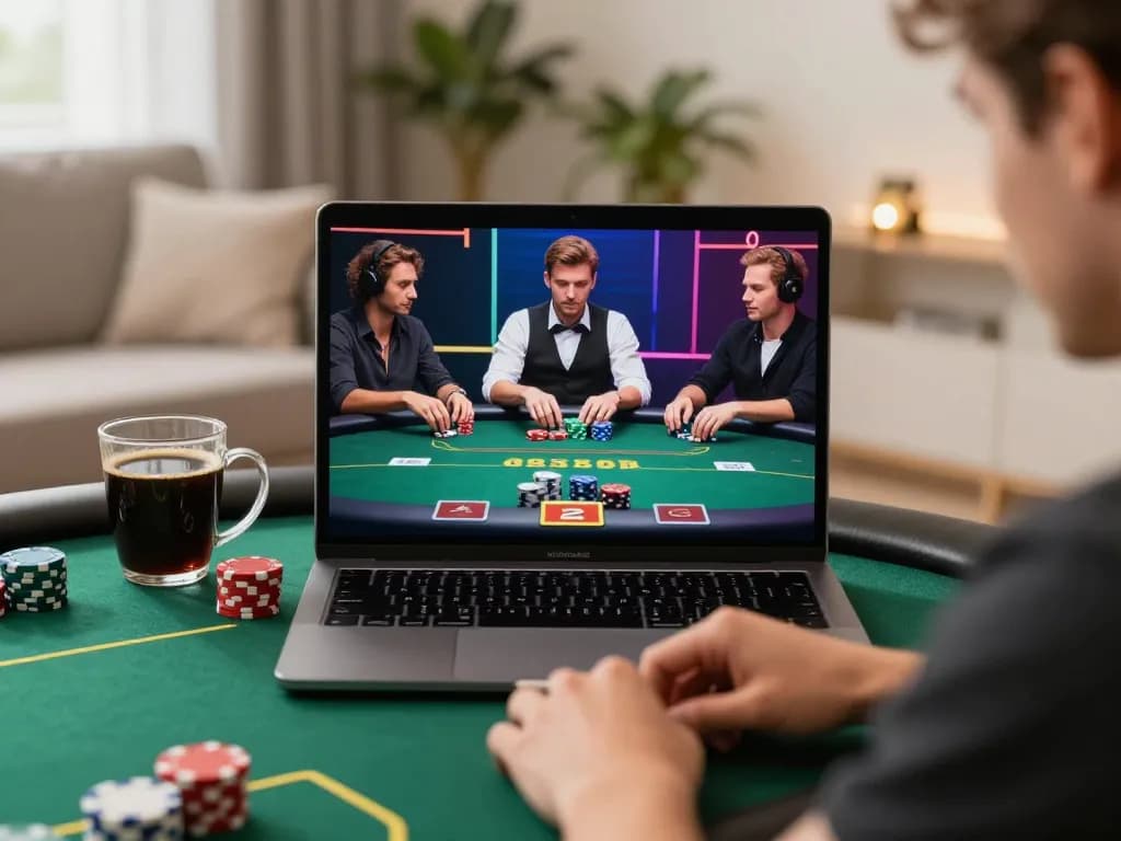 Nohu90 player strategizing during an online poker game in a cozy living room setup