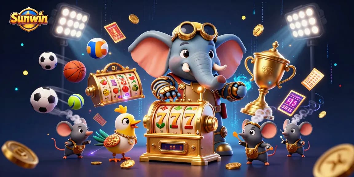 Experience Sunwin excitement with a whimsical steampunk elephant operating a vibrant slot machine.