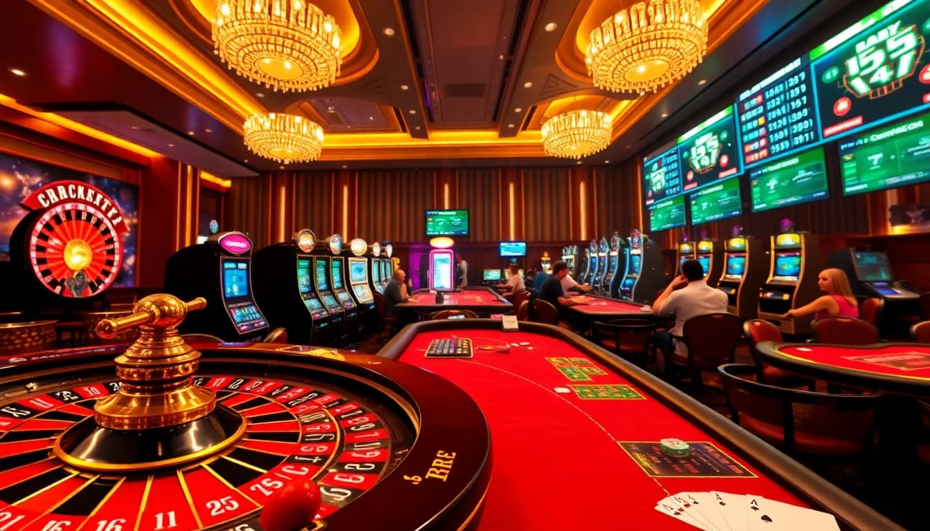Players enjoying high-stakes games at open88 casino, featuring roulette wheels and poker tables.
