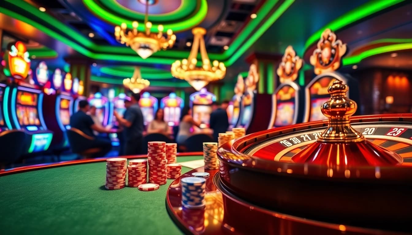 Exciting casino gameplay at eejl33 com with vibrant poker tables and glowing slot machines.