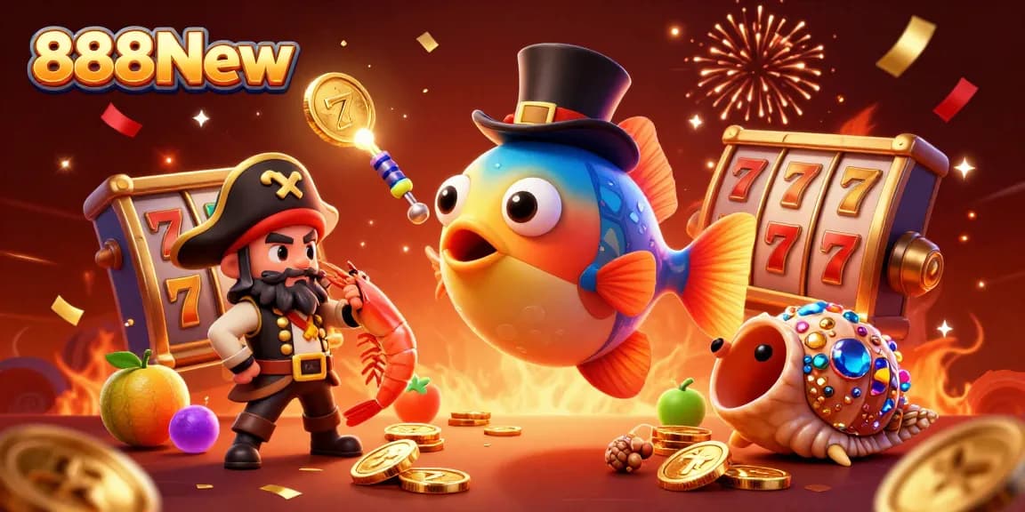 888New players engage with vibrant 3D anglerfish, treasures, and slot reels in casino fun.