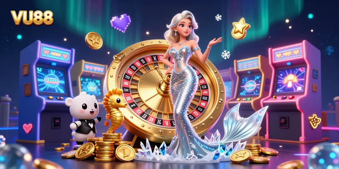 Engage with VU88 casino thrills featuring a glamorous roulette wheel and playful seahorse companions.